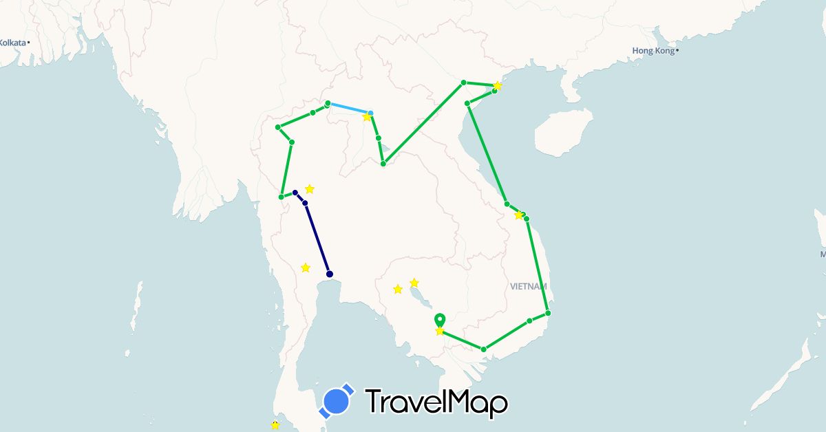 TravelMap itinerary: driving, bus, plane, boat in Cambodia, Laos, Thailand, Vietnam (Asia)